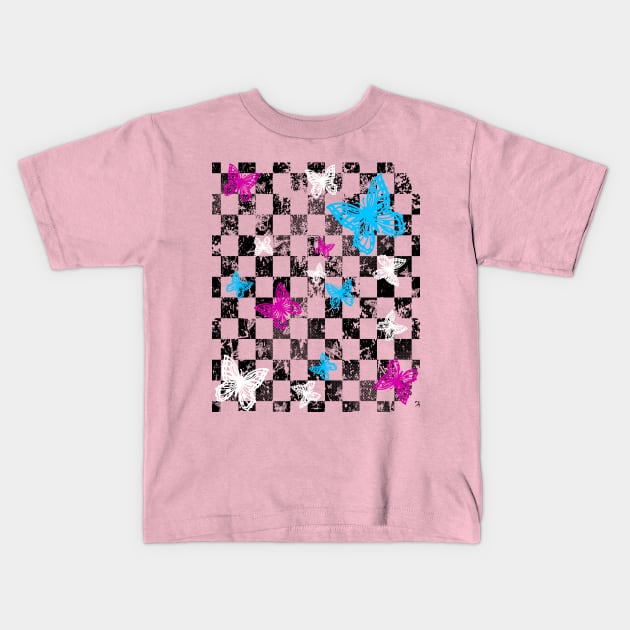 Butterfly Checkerboard (Dark Version) Kids T-Shirt by Jan Grackle